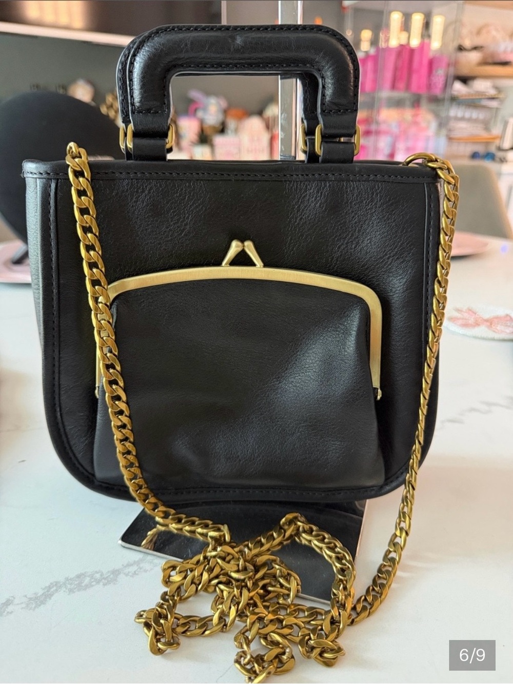 Fossil Vintage Black Leather Box Crossbody with Gold Chain and Kiss-Lock Pocket